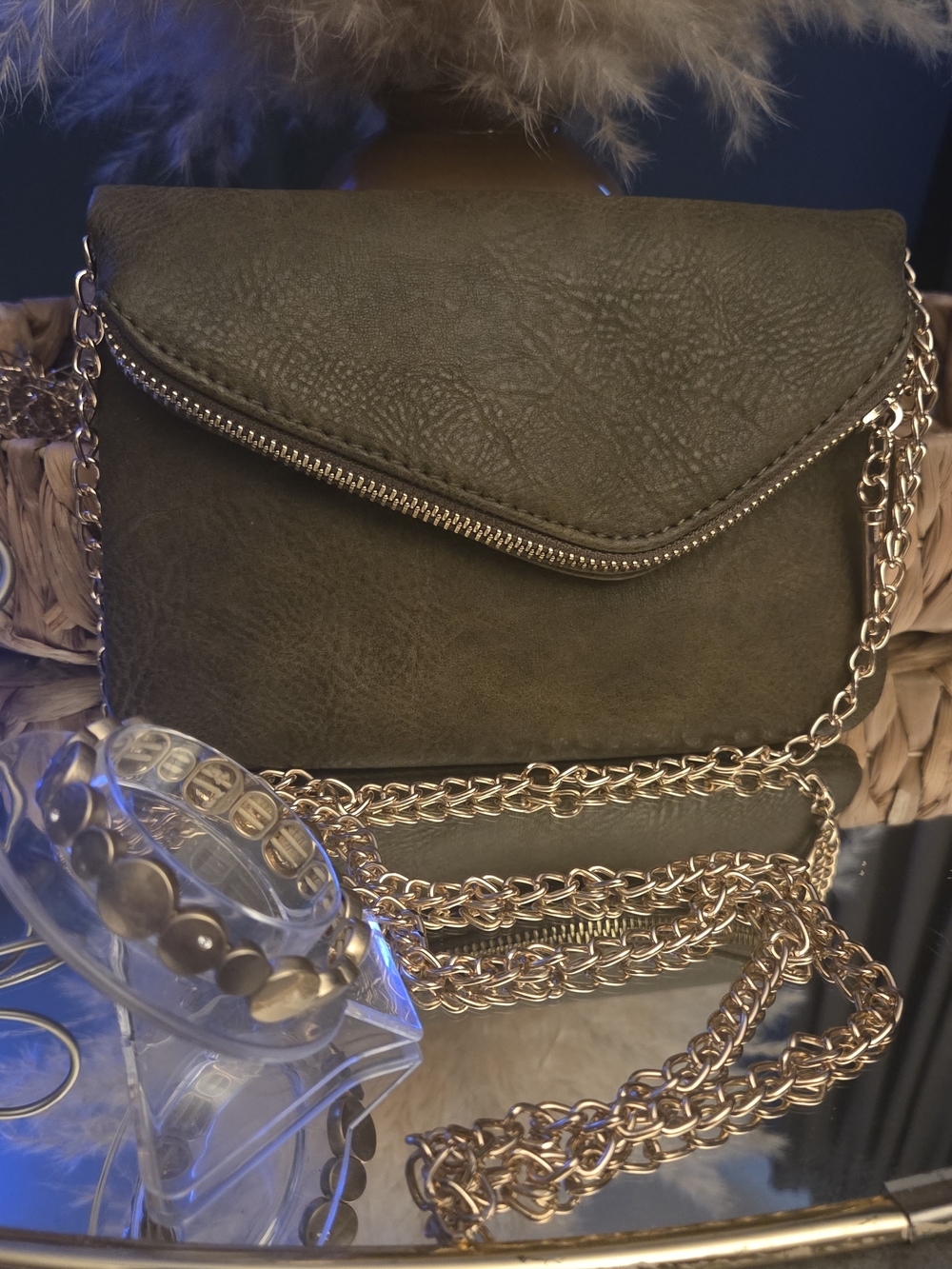 Olive Envelope Crossbody/Clutch + Gold Stretch Bracelet